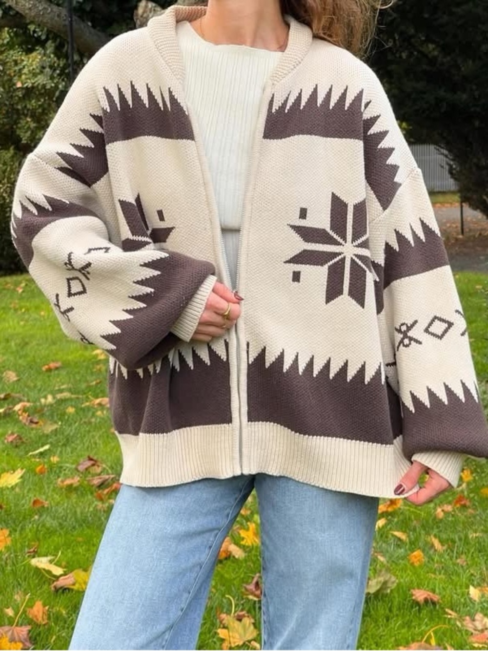 Le Lis Cream and Brown Textured Knit Cardigan